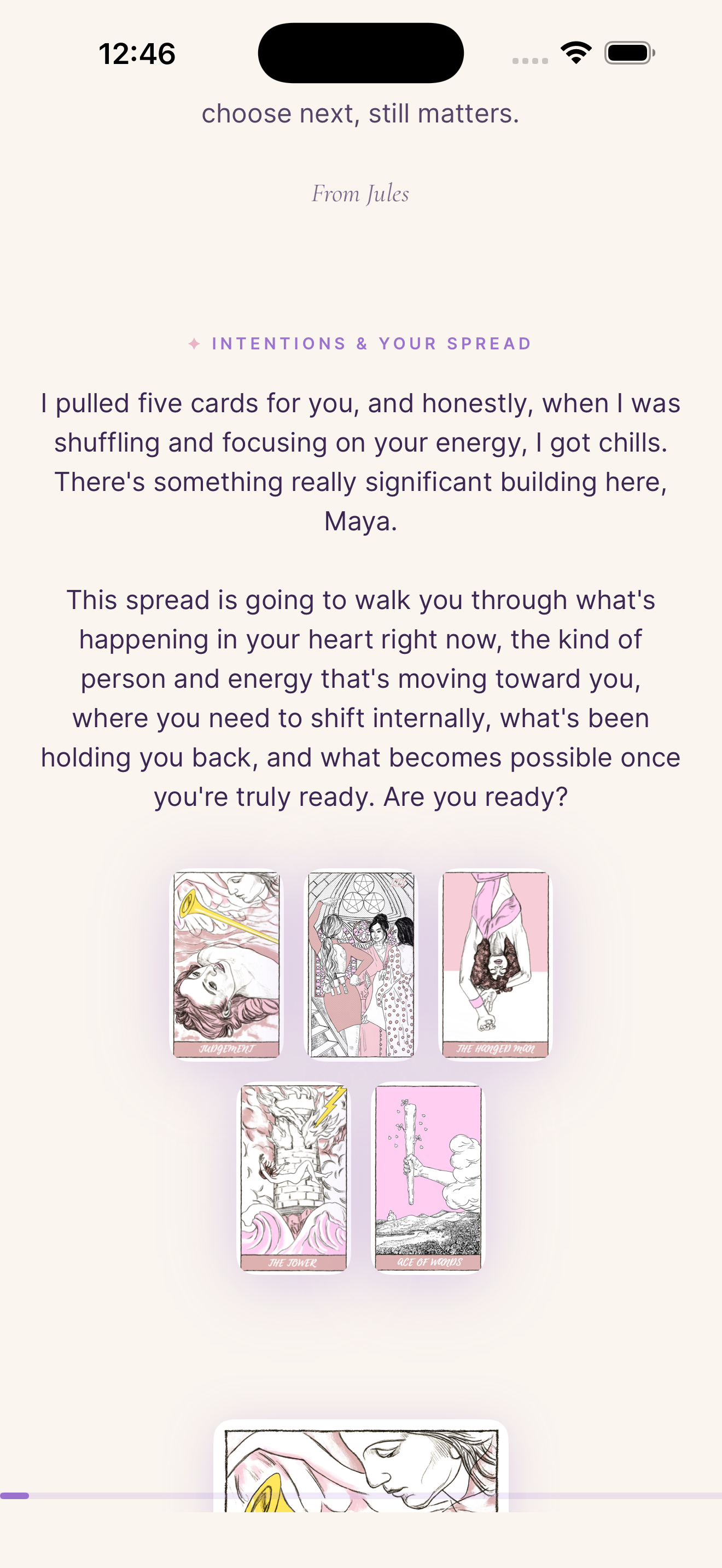 Your soulmate card spread in the Mystica app
