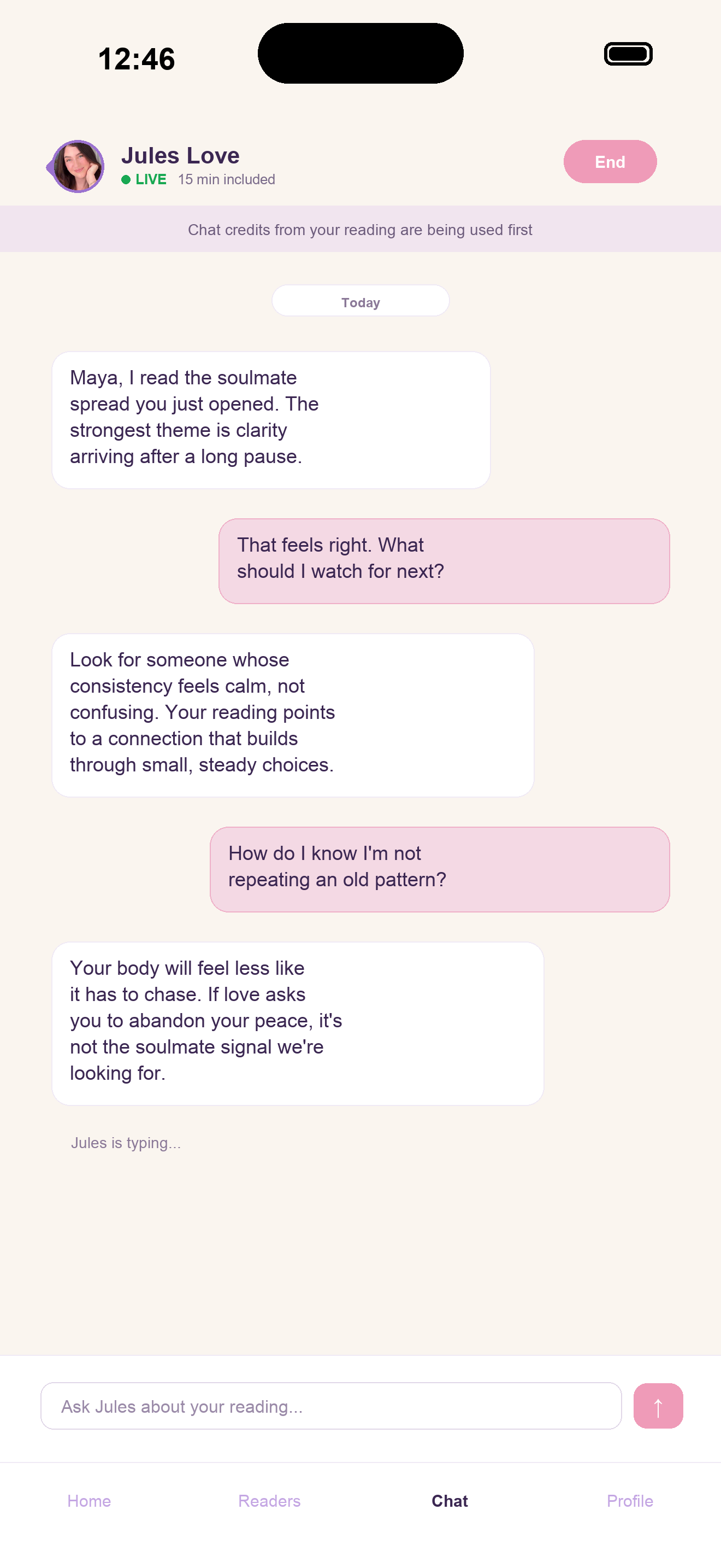 A live chat with Jules Love in the Mystica app, talking through a soulmate reading