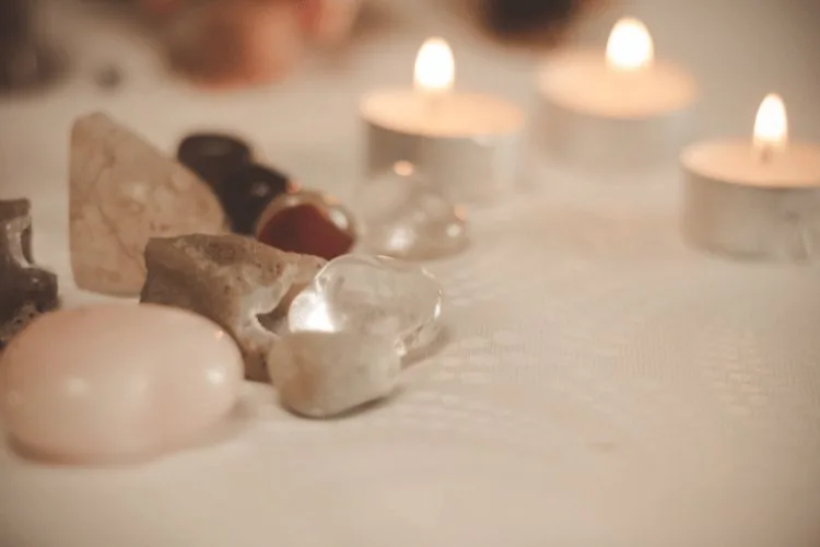 crystals and candles altar