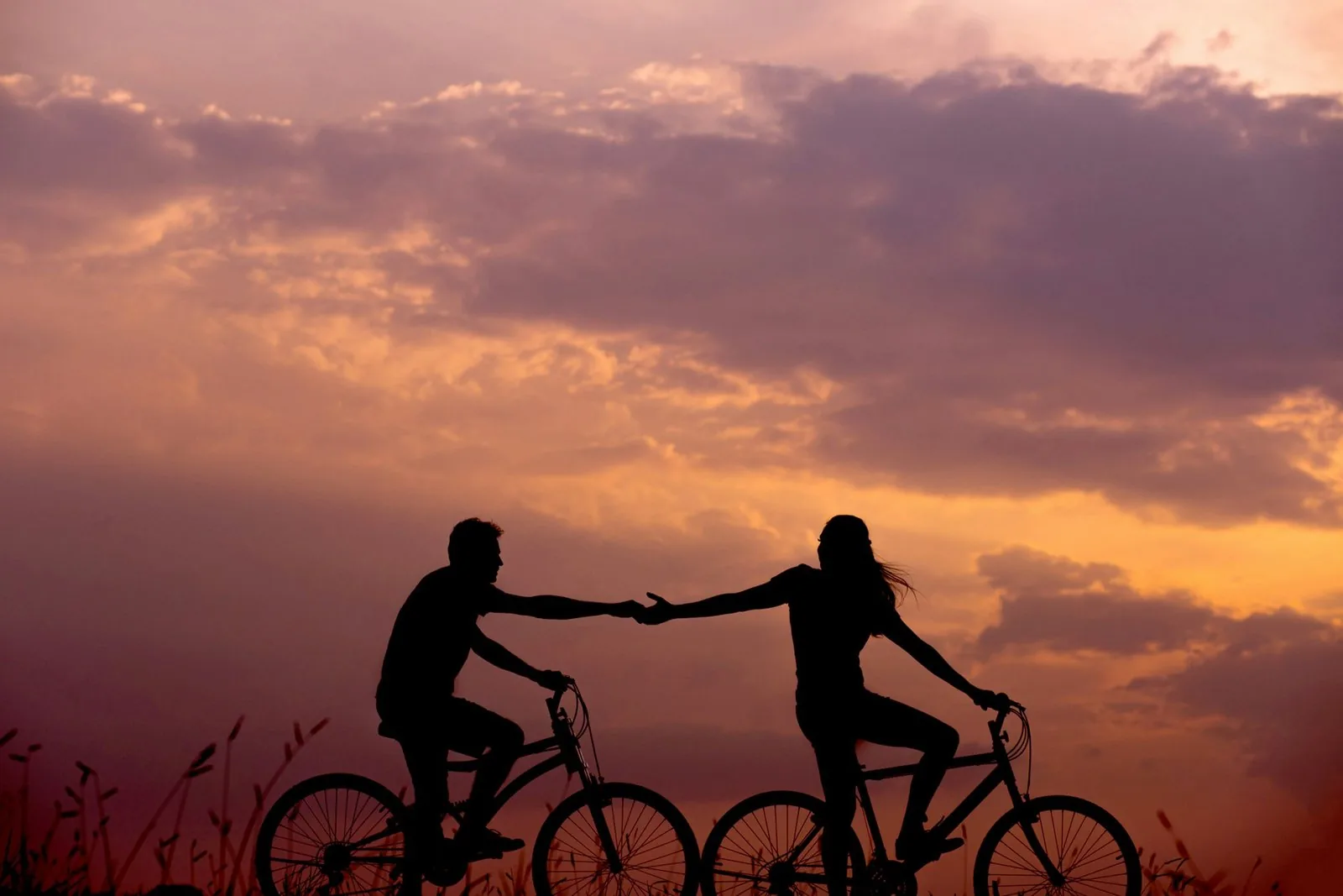 silhouette of two lovers riding bicycle