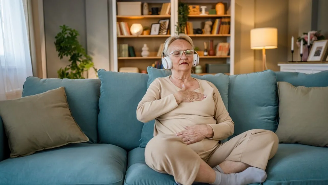 a senior woman siting on a chair in a manifestation position